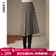 藍地（LANDI）灰咖色重磅羊毛壓褶設計感復古格紋中長(cháng)半身裙女冬新品 灰咖色 L
