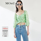MO&Co.夏碎花上衣短款蠶絲混紡法式夏威夷襯衫束腰襯衣泰式襯衫 白底綠印花 S 160