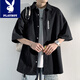 花花公子（PLAYBOY）襯衫男士短袖夏季寬松大碼冰絲黑色外套青年潮流休閑襯衣 21017/C351黑色（短袖） 2XL