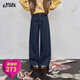 妖精的口袋復古休閑寬松水洗牛仔褲女2025年秋季新款百搭顯瘦高腰褲子 D03-深藍色 L