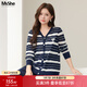 MsShe【竹節麻開(kāi)衫】大碼女裝2025秋裝胖mm顯瘦長(cháng)袖V領(lǐng)條紋針織衫外套 藏青藍色現貨 2XL