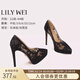 Lily Wei黑色蕾絲防水臺高跟鞋特大碼細跟法式性感單鞋情人節禮物 黑色【跟高12cm】 防水臺款 36