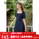 百圖betu女裝夏季新款連衣裙復古方領(lǐng)綁帶牛仔連衣裙女2406T47 牛仔色 M