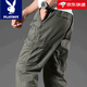 花花公子（PLAYBOY）春秋季純棉工裝休閑褲男士多口袋戶(hù)外厚款寬松直筒大碼松緊腰長(cháng)褲 軍綠色 XL