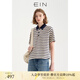 EINEIN言?；陾l紋撞色polo領(lǐng)T恤女文藝休閑寬松短袖學(xué)院風(fēng)上衣夏新款 墨藍 M