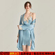Eresg輕奢品牌真絲睡裙女V領(lǐng)拼接蕾絲花邊系帶睡袍披肩外套家居服 湖藍 吊帶+外袍 XL 119-135斤