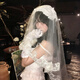 梵昇昱復古蕾絲頭紗求婚領(lǐng)證新娘結婚頭飾洛麗塔花嫁cos哥特風(fēng)拍照道具 白色蕾絲花邊頭紗【一片式】