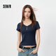 森馬（Semir）短袖T恤女夏季短款V領(lǐng)半開(kāi)襟套頭衫緊身正肩2026上衣109326100046