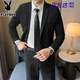 花花公子（PLAYBOY）西服外套男輕熟風(fēng)套裝修身單西休閑商務(wù)正裝職業(yè)加大碼伴郎西裝 黑色兩扣西服+襯衫+領(lǐng)帶 XL