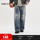 三福（SANFU）2025冬季男士破洞貓須大直筒牛仔褲 街頭闊版長(cháng)褲510770 藍色 31