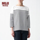 MUJI MUJI 女式 粗棉線(xiàn) 天竺編織 一字領(lǐng) 七分袖T恤 BBL05A1S 藏青色條紋 M-L