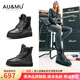 AU&MU澳洲冬季新款雪地靴男女情侶款皮毛一體保暖靴子系帶防滑馬丁靴 黑色亮皮 【男女同款 羊毛防寒】3135 37
