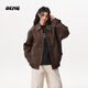 OEMG 巴恩風(fēng)格紋拼接假兩件皮衣夾克女男春秋季復古寬松百搭上衣外套 咖色 【高品質(zhì)】 M [建議85-105斤]