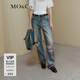 MO&Co.牛仔褲手工剪口爛洞高腰天絲棉直筒闊腿褲裝摩安珂 牛仔藍色 S 26