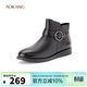 奧康（Aokang）時(shí)尚加絨保暖短靴鉆飾側拉鏈舒適媽媽棉鞋圓頭黑色38碼