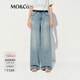 MO&Co.牛仔褲夏漢麻棉質(zhì)燙鉆中低腰及地直筒淺藍MBE2JEN030 牛仔藍色 S /S