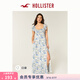 HOLLISTER25秋法式一字肩露肩小飛袖連衣裙女裝359-5298 藍色碎花 XS (84A)短版