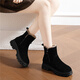 古奇天倫短靴女粗跟馬丁靴加絨棉鞋休閑增高純色棉靴側拉鏈女靴子 黑色 38