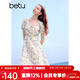 百圖betu女裝夏季新款連衣裙法式浪漫印花收腰顯瘦連衣裙2405T74 淺蘭 M