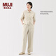 MUJI女式漢麻混斜紋抽褶寬版褲褲子女款25年夏季休閑褲女裝闊腿褲長(cháng)褲 象牙色 XL (165/74A)