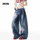OEMG 美式原創(chuàng  )星星貼布彎刀牛仔褲女男春秋冬寬松闊腿顯瘦潮牌長(cháng)褲子 牛仔藍 【高品質(zhì)】 M [建議90-105斤]