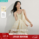 茵曼（INMAN）度假風(fēng)條紋印花串珠吊帶裙2025夏季女裝新品中長(cháng)款連衣裙 黃藍條-18525227C S