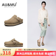 AU&MU春夏季牛皮勃肯鞋半拖厚底包頭拖鞋外穿男女情侶懶人一腳蹬涼拖 灰色【軟木底升級】【牛皮】 2050 41
