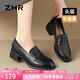 ZHR頭層牛皮革樂(lè )福鞋女粗跟通勤皮鞋女一腳蹬軟底單鞋女KM03黑色37