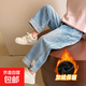 女童褲子秋裝2025秋冬新款中小童直筒褲女孩洋氣牛仔褲兒童闊腿褲 淺藍色小兔牛仔褲（加絨） 120 建議身高110-120cm