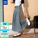 唐獅2025秋女高腰褶皺寬松毛邊牛仔半身長(cháng)裙