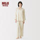 MUJI女式 無(wú)側縫雙層紗織長(cháng)袖睡衣 家居服套裝純棉女士26年春季女裝 淺黃色條紋 L 上裝165/88A 下裝165/70A