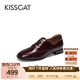 接吻貓KISSCAT秋季新款學(xué)院風(fēng)真皮鞋通勤增高德比樂(lè )福鞋女KA54526-10 暗酒紅色 38