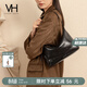 VANESSA HOGAN VH女包冉冉hobo包輕奢通勤手提包油蠟牛皮斜挎單肩包包生日禮物 耀石黑-中號