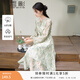 香影新中式綠色印花連衣裙女2026春季新款系帶圓領(lǐng)收腰長(cháng)袖碎花裙 綠色 S
