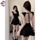 BXOT夏季女裝茶歇法式純甜辣性感露背系帶小黑裙a字收腰短裙連衣裙女 黑色 L  108-120斤