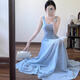 衣然呈品連衣裙女士夏季新款美式高街潮牌高級感顯瘦收腰藍色A字長(cháng)裙子女 藍色 M 【建議90-105斤】