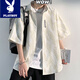 花花公子（PLAYBOY）襯衫男士短袖夏季寬松大碼冰絲黑色外套青年潮流休閑襯衣 21017/C351白色（短袖） XL