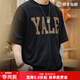 馬登工裝 美式撞色字母印花T恤學(xué)院風(fēng)耶魯大學(xué)純棉短袖體恤男夏季 黑色 （寬松偏大） L