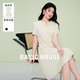 Basic House/百家好法式赫本風小白裙子夏新款V領中長款女士高檔連衣裙 白色 S