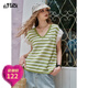 妖精的口袋鏤空條紋泡泡袖針織衫女2025夏季新款v領(lǐng)顯瘦氣質(zhì)上衣 清爽綠白條紋色 M