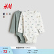 H&M童裝嬰兒男嬰女?huà)脒B體衣2件裝春季內著(zhù)長(cháng)袖哈衣1171574 灰綠色/車(chē)輛 90cm 90/48 (12-18M)