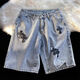 chrome heart克羅心CH夏季美式復古十字架刺繡破洞潮牌牛仔短褲男士寬松五分褲 復古藍 M 【建議95-110斤】