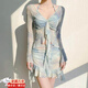 尤池哩分體泳衣女性感純欲風(fēng)長(cháng)袖罩衫防曬沙灘比基尼度假風(fēng)泡溫泉四件套 淺藍色【均碼75-125斤】