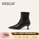 接吻貓KISSCAT【巴黎側影】25冬尖頭細跟真皮短靴加絨時(shí)裝靴瘦瘦靴 黑色-羊皮 37