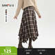 三福（SANFU）長(cháng)裙2025冬季流蘇擺側邊拉鏈格子不規則半身裙女裝509092 咖格 M