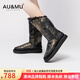 AU&MU澳洲雪地靴女士冬季新款涂鴉羊皮毛一體保暖高筒女靴防滑長(cháng)筒棉鞋 黑色 【加厚羊毛防寒】2275 35