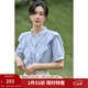 茵曼（INMAN）法式提花襯衫女士2026夏季新款荷葉花邊水溶氣質(zhì)純棉短袖襯衣 海霧藍 M