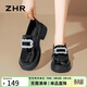 ZHR樂(lè )福鞋女學(xué)院風(fēng)JK粗跟小皮鞋女氣質(zhì)水鉆一腳蹬單鞋女 JF76黑色 37
