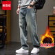 新百倫高端牛仔褲男士春秋款寬松直筒褲子男潮牌休閑簡(jiǎn)約穿搭闊腿男褲 01藍色 加絨 38 碼【合適190-210斤】