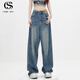COMIC SOUL美式復古藍色直筒寬松闊腿牛仔褲女休閑百搭淺色垂感拖地褲子 藍色 XS